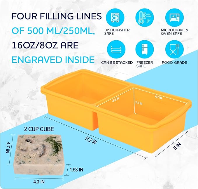 Silicone Freezer Trays with Lid,2-cup Soup Freezer Container large Ice Cube Molds with Reinforced Steel Ring Top for freezing Soup Sauce Broth Leftovers oven Dishwasher -Safe (yellow)