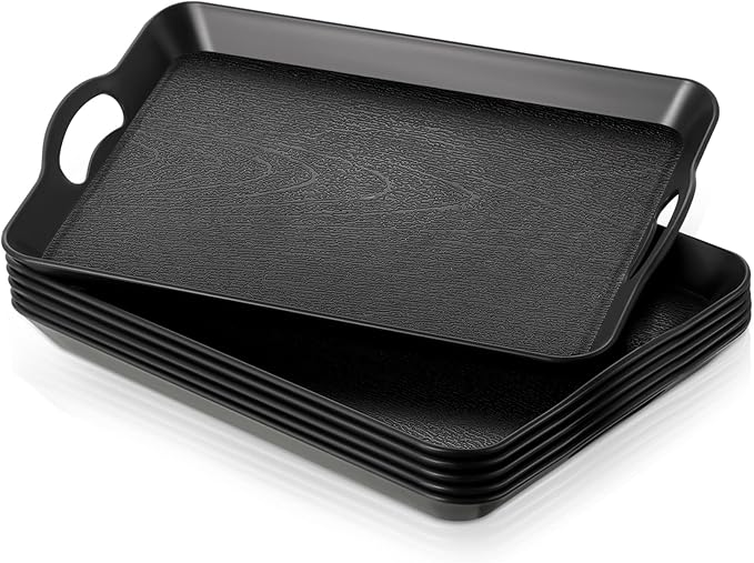 6 Pcs Serving Trays with Handles Trays for Eating 16 x 11 Inch Multi Purpose Plastic Tray Rectangular Anti Skid Decorative Food Tray for Restaurant Breakfast Countertop Party Kitchen (Black)