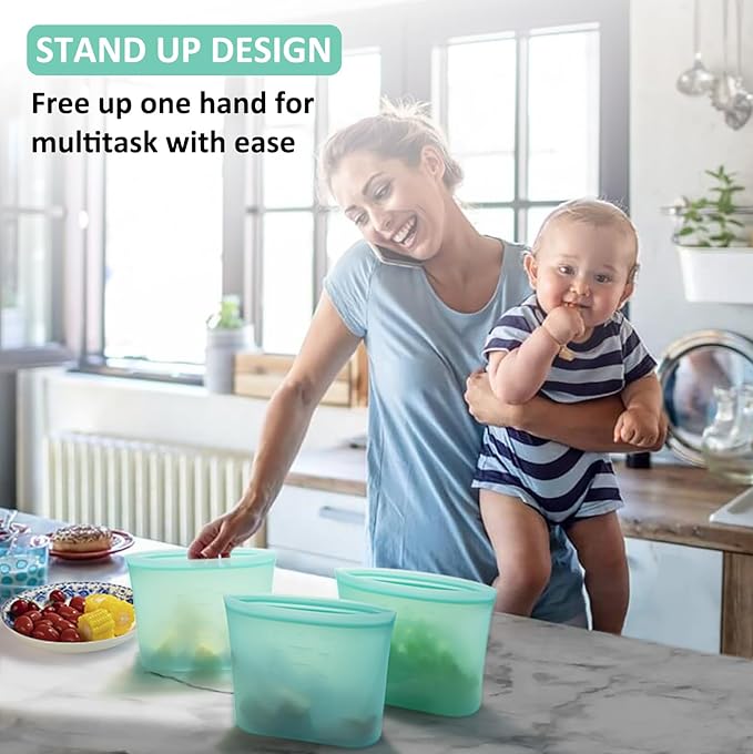 Reusable Freezer Bags Quart Size, 1 Pack, 100% Silicone Stand Up Ziplock Reusable Silicone Food Storage Bags Sandwich Bags Containers, Freezer Microwave Oven Dishwasher Safe, Aqua, 33.8fl.oz