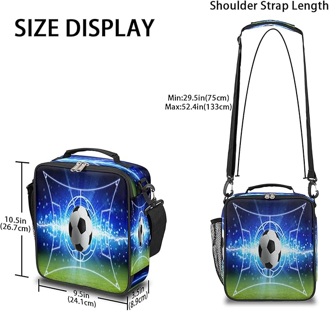 Soccer Football Kids Lunch Box Soccer Sport Insulated Lunch Bag Tote for Girls Boys, Cooler Freezable Meal Prep Bag with Shoulder Strap Waterproof Lunch Container for School Office Picnic