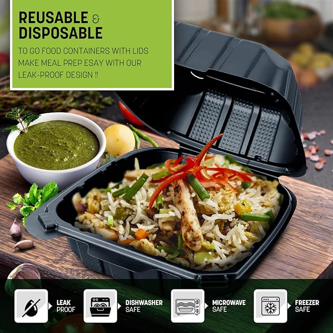 8X8X3 50-Pack Plastic Clamshell Takeout Food Trays Heavy Duty Disposable Box For Pasta Salad Sandwich Carryout Meal Prep Packaging Catering Hinged Containers With Secure Snap Lid - Black