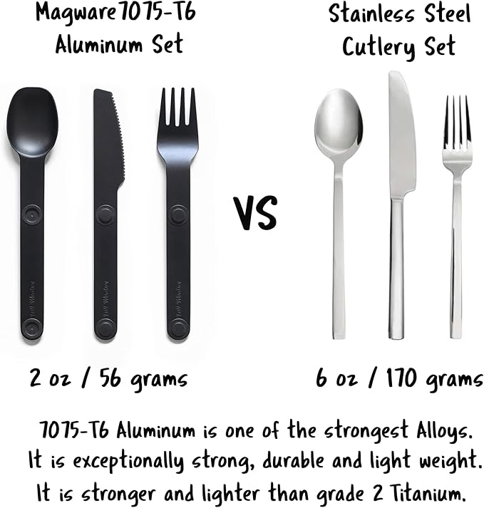 FULL WINDSOR - MAGWARE Magnetic Camping Cutlery Set - Travel Utensils for Camping, Cooking, and Outdoor Dining - Knife, Fork & Spoon- Portable Silverware with Pouch - Fathers Day Gifts - Black (3 PCS)