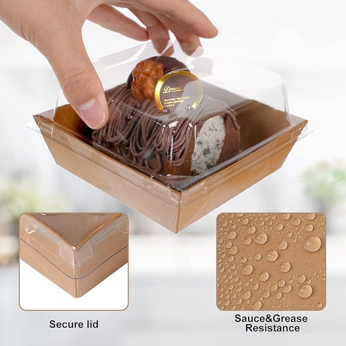 Kosotody 50 Pack Charcuterie Boxes with Clear Lids, 4 Inches Brown Oil-Proof Kraft Paper Food Containers Bakery Boxes for Sandwich, Cookies, Hot Cocoa, Cupcakes and Strawberries(Brown)