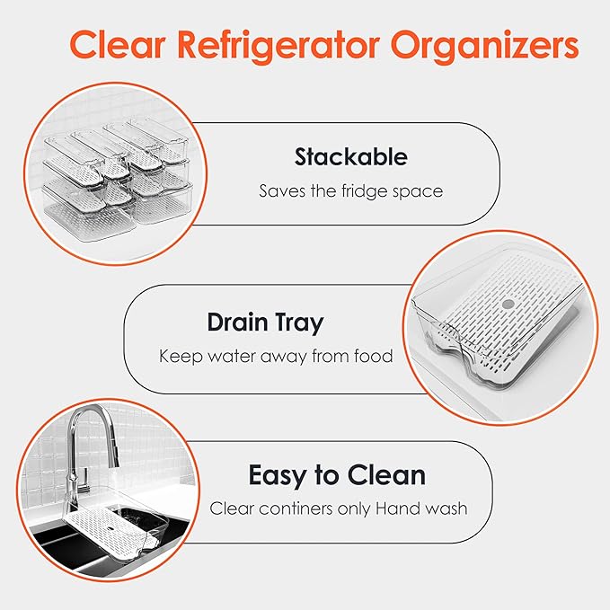 Fridge Organizers and Storage, 10 Pack Clear Freezer Organizer Bins with Lids for Kitchen, Pantry, Refrigerator, Food, Fruit, Vegetable Storage