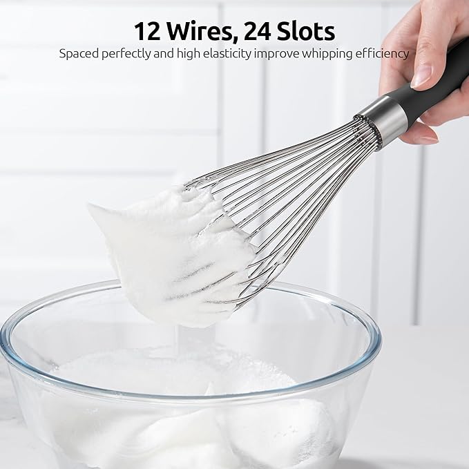 18/8 Stainless Steel Measuring Spoons Set for Dry and Liquid Ingredients (Set of 7), and 18/10 Stainless Steel Balloon Whisk for Kitchen Cooking with 12 Flex Wires (Black)