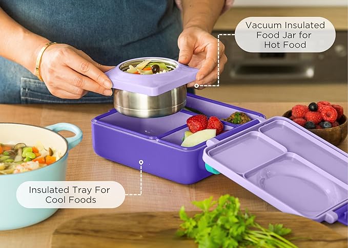 OmieBox Bento Box for Kids - Insulated Bento Lunch Box with Leak Proof Thermos Food Jar - 3 Compartments, Two Temperature Zones - (Purple Plum) (Single)