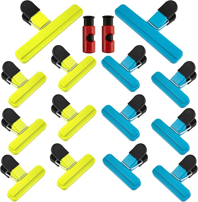 Food Bag Clips - 16 Pcs, 3 Assorted Sizes | Small, Large & Bread Bag Clips for Fresh Food Storage, Freezer Bags or Sandwich Bag Sealer | BPA Free Plastic Kitchen Clips with Storage Holder Included