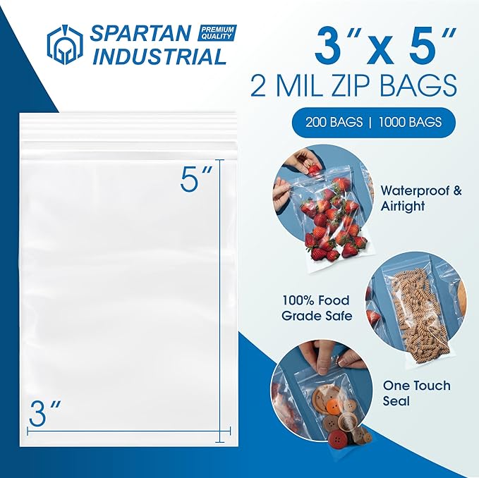 Spartan Industrial - 3” X 5” (200 Count) 2 Mil Clear Reclosable Zip Plastic Poly Bags with Resealable Lock Seal Zipper