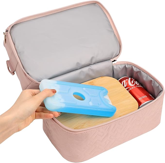 NISHEL Lunch Bag for Women, Insulated Two Separate Compartments Meal Box with Adjustable Shoulder Strap, Leakproof Cooler Case for Work, Pink