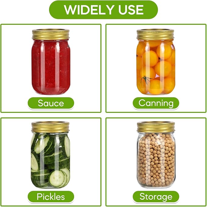 Mason Jars 16 oz with Gold Lids and Bands, 15 Pack Canning Jars, Clear Regular Mouth Glass Jars for Canning and Fermenting, Labels & Brusher Included - Microwave & Dishwasher Safe