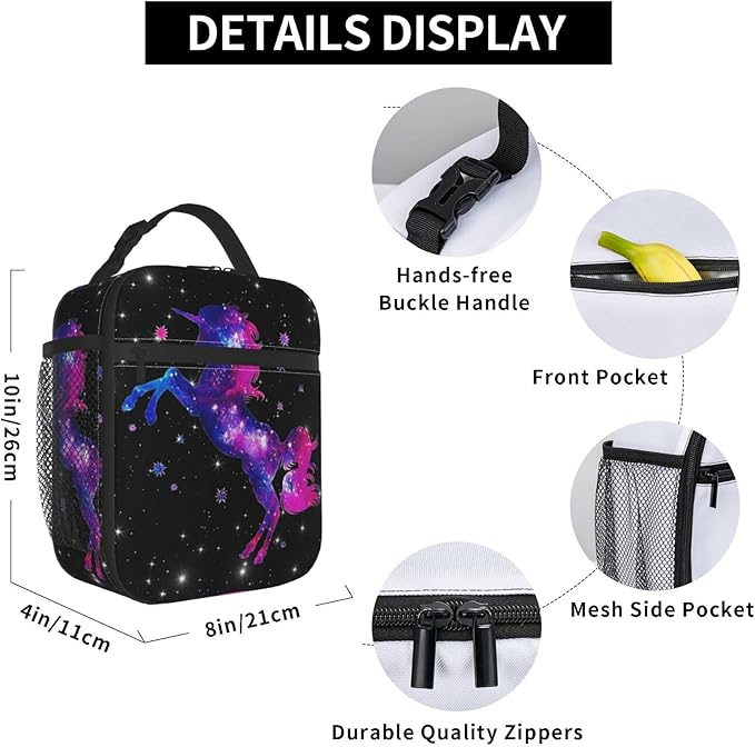 YETTA YANG Galaxy Star Unicorn Black Portable Lunch Bag Insulated Lunch Box Reusable Totes For Women Men Work Picnic Camping