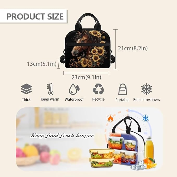 Showudesigns Sunflower Horse Lunch Box for Teen Girls 10-12 12-14 Insulated Lunch Bag Primary Middle School Cooler Tote Bag Kids Crossbody Purse Picnic Bags with Thicken Handle