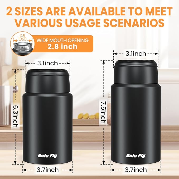 2 Pack Soup Thermo for Hot & Cold Food for Adults, Insulated Food Jar, Stainless Steel Vacuum Thermal Lunch Box Containers with Carry Bag and Spoon (18.5oz, 27oz) (Black)