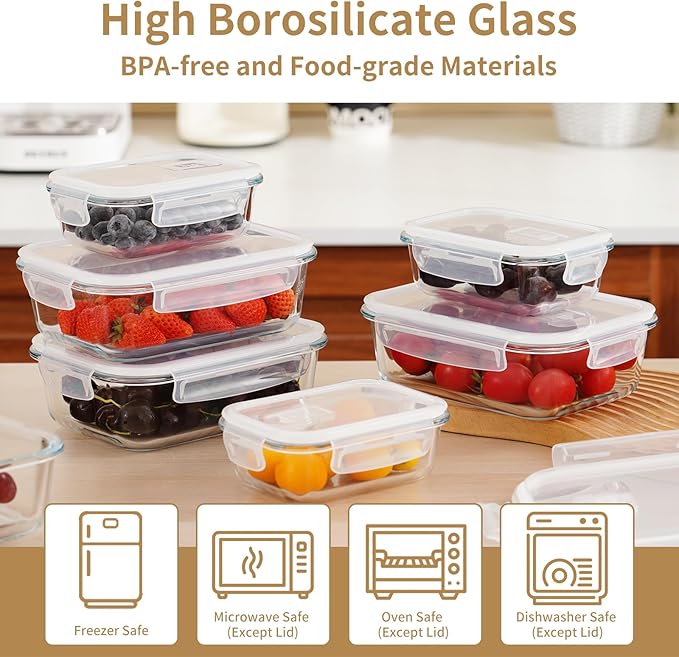10 Pack Glass Food Storage Containers with Lids, Glass Meal Prep Containers Set with Leak Proof Lids, Airtight Lunch Container, Dishwasher Safe,Freezer Safe Food Storage Containers and 10 Lids