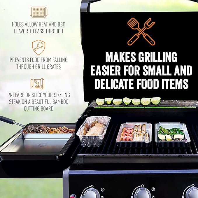 Yukon Glory™ BBQ 'N SERVE Premium Set, Includes 3 Grill Baskets, Serving Tray, Bamboo Cutting Board, Plastic Lid and Clip-on Handle