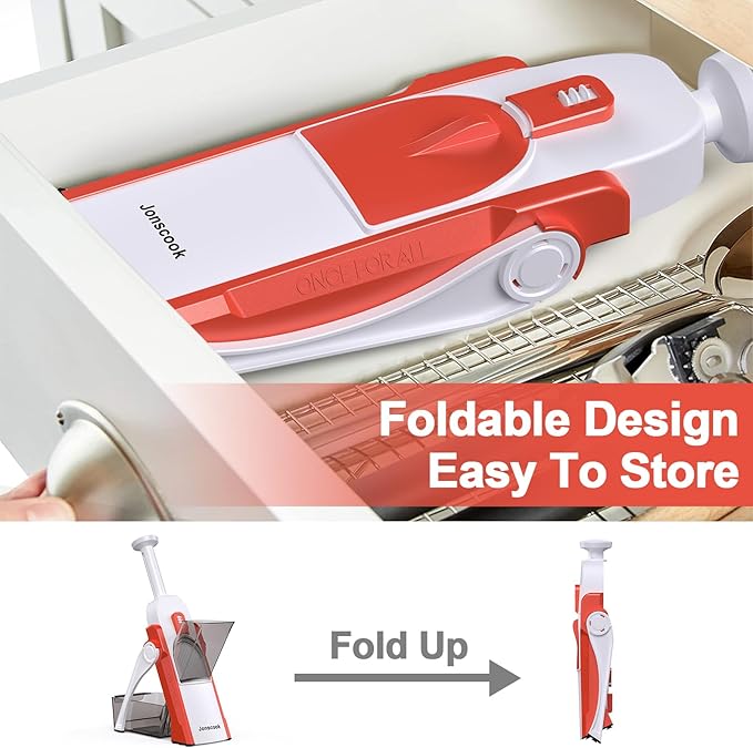 Safe Mandoline Slicer for Kitchen, Adjustable Thickness 0.1-8 mm, 5 in 1 Multi Vegetable Chopper, Potato Slicer, Food Chopper French Fry Cutte, Paring Knife/Cleaning Brush, Mandolin (Tropical orange)