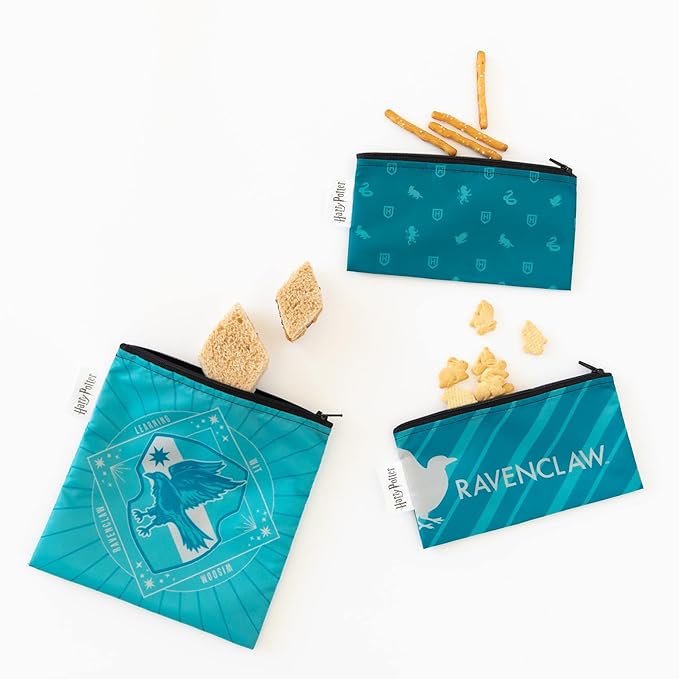 Bumkins Reusable Sandwich and Snack Bags, for Kids School Lunch and for Adults Portion, Washable Fabric, Waterproof Cloth Zip Bag, Travel Pouch, Food-Safe Storage, 3-pk Harry Potter Ravenclaw