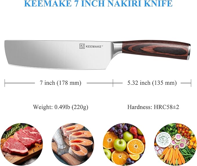 KEEMAKE Nakiri Knife 7 Inch - Sharp Kitchen Knife with High Carbon Stainless Steel Blade, Meat Cleaver Vegetable Cooking Knife with Ergonomic Pakkawood Handle and Gift Box Included