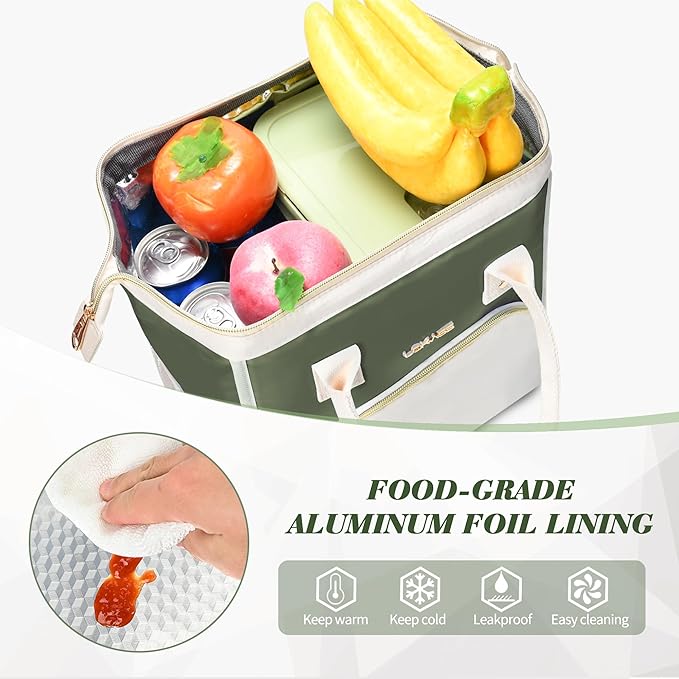 LOKASS Lunch Bag Women Insulated Lunch Box, Wide-Open Lunch Tote Bag Leak-proof Cooler Bag for Work Picnic-(Army Green)