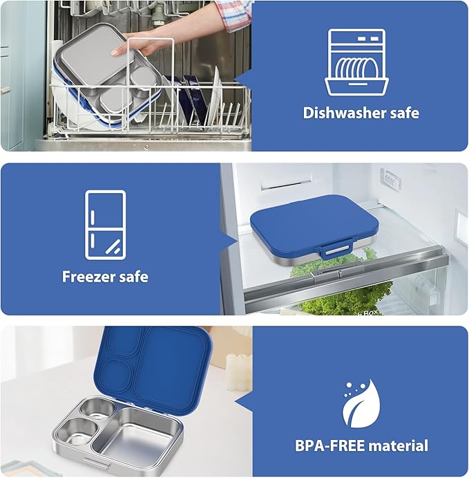 Stainless Steel Bento Lunch Box for Kids | 3-Compartment Lunch Box Container Kids | 100% Leakproof, Dishwasher-Safe, Eco-Friendly, Perfect Portion Control for Kids&Adult Healthy Meals (Blue)