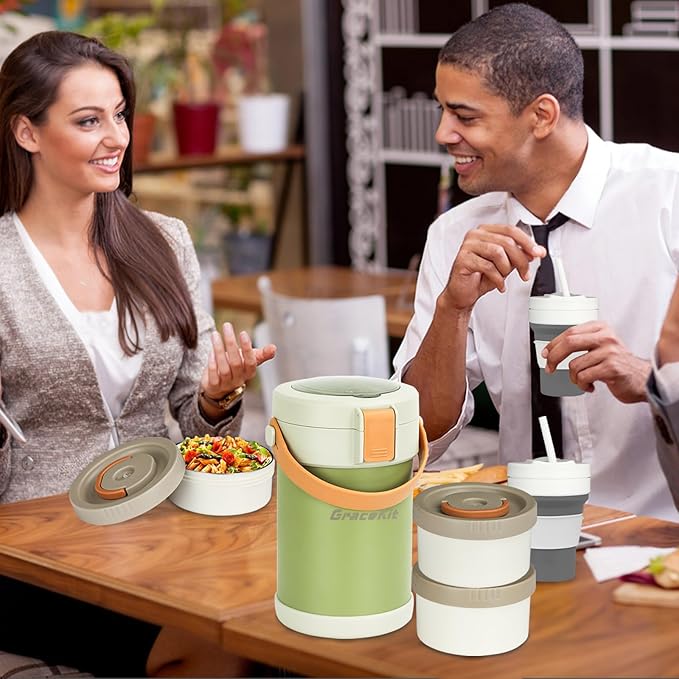 Thermo for Hot Food 3-Layer Termos Para Comida Caliente 67oz Leakproof Lunch Box for Men Women Adults - Insulated Soup Container w/Cutlery, Collapsible Cup & Thermal Bag, Office Camping Travel