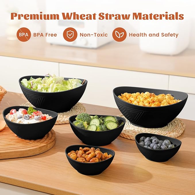 Homienly Wheat Straw Bowls Set, Premium Wheat Straw Bowls Set of 6, Mixing Bowls for Kitchen, Salad, Cereal, Nuts,Microwave & Dishwasher Safe Nesting Bowls Includes 3 Sizes(Black)