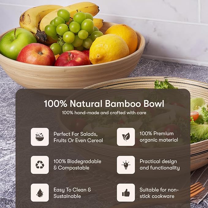 LEXA 12" Handmade Natural Bamboo Wooden Salad Bowl - 130 oz Lightweight Large Wooden Bowls for Food - Bamboo Wooden Fruit Bowl for Kitchen Counter, Wood Bowls for food - Wooden Serving Bowl for Snacks