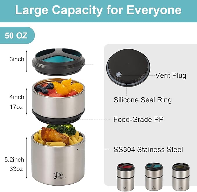 Lille Home 1500ml Thermos Food Flask, Vacuum Insulated Stackable Stainless Steel Thermal Lunch/Snack Box, 2-Tier Bento/Food Container with Lunch Bag (Blue)