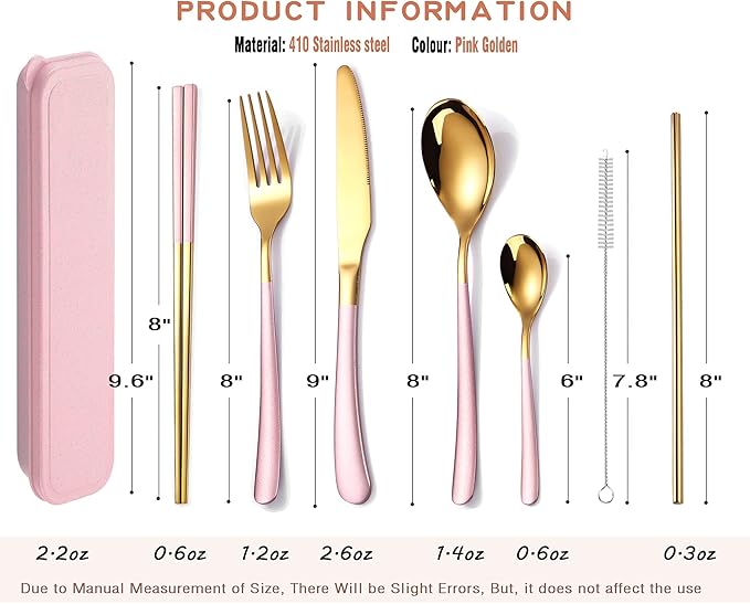 AARAINBOW 7 Pieces Stainless Steel Flatware Set Portable Reusable Cutlery Set Travel Utensils Set Including Chopsticks Knife Fork Spoon Straws Cleaning Brush Dishwasher Safe (7 Pink Golden)