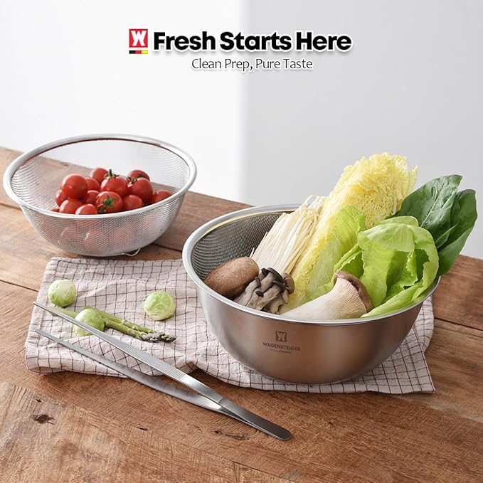 Stainless Steel Mixing Bowl and 3-Legged Colander Set, Multipurpose Kitchen Basket with Fine Mesh Colander, Salad Mixing Bowl with Strainer, Rinsing Vegetables & Fruits (22cm / 8.66")
