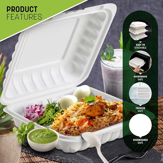 8X8X3 3-Compartment 50 Pcs Plastic Clamshell Takeout Food Trays Heavy Duty Disposable Box For Pasta Salad Sandwich Meal Prep Packaging Catering Hinged Containers With Secure Snap Lid