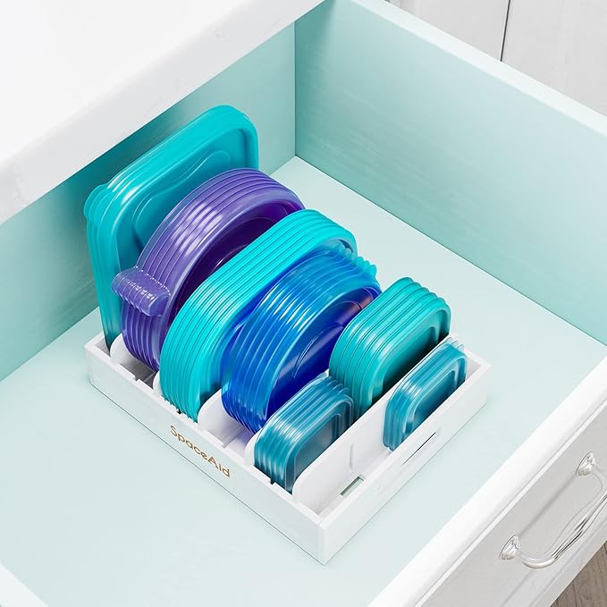 SpaceAid Bamboo Lid Organizer, Kitchen Pantry Lids Holder with 5 Adjustable Dividers for Cabinets, Food Storage Container Organizers, White