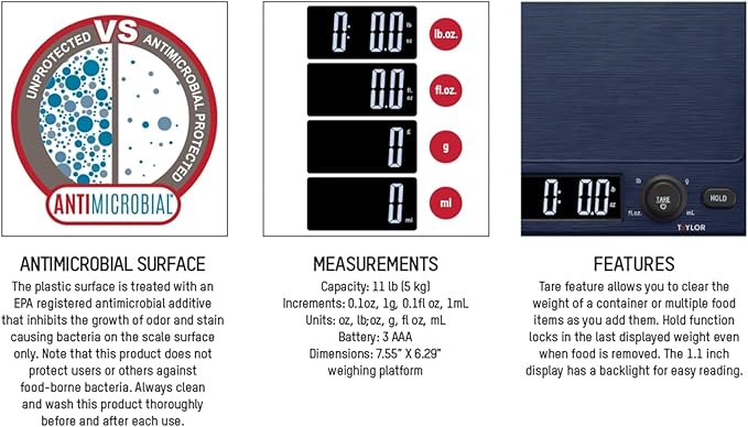 Taylor Digital Kitchen Scale with Antimicrobial Surface Plastic Body Weighs Up to 11 pounds Capacity with Hold and Tare Functions and Backlight, Navy