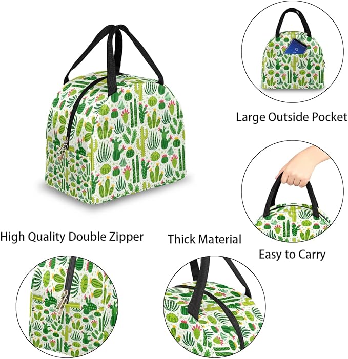 Insulated Lunch Bag for Women Men Green Cactus Waterproof Thermal Tote Bag Reusable Lunch Box Container Lunch Holder Leakproof Lunch Cooler Bag Picnic Travel Work