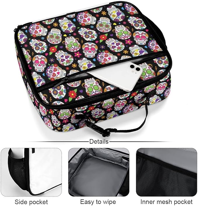 Day of the Dead Sugar Skull Reusable Lunch Box Insulated Lunch Bag Cooler Bag Lunchbox Meal Food Container Tote Bag for Women Kids Girls School Camping Hiking Picnic Beach Travel