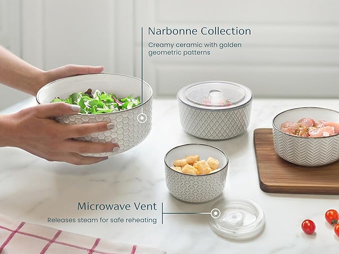 KooK Ceramic Nesting Bowls, with Lids, Serving, Set of 4, Embossed, Kitchen, Prep, Mix, Gift, Microwave and Dishwasher Safe, 10/16/29/47 oz, Narbonne Collection (Ivory)