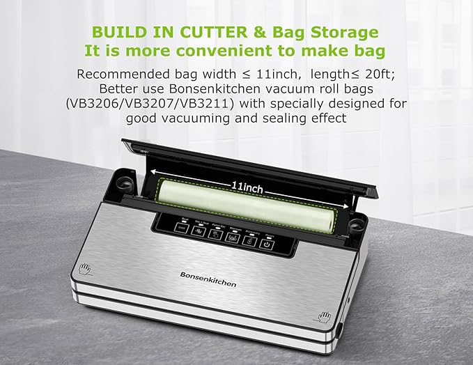 Bonsenkitchen Vacuum Sealer Machine, Stainless Steel Food Sealer Vacuum Sealers with 30 Bags & 1 Roll, 5 Food Vacuum Modes, Built-in Cutter & Bag Storage, Climate Pledge Friendly (Silver Black)