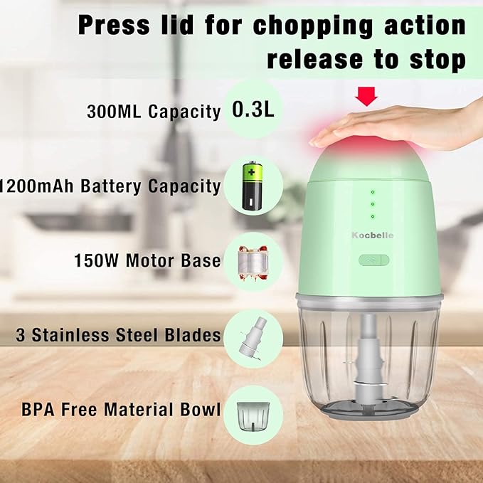 Food Processor - Cordless Mini Food Processor & Portable Small Food Chopper for Vegetables Fruit Salad Onion Garlic,Kitchen,1.3Cup 10 0z,150 Watts,Glass Container Dishwasher Safe (Green)