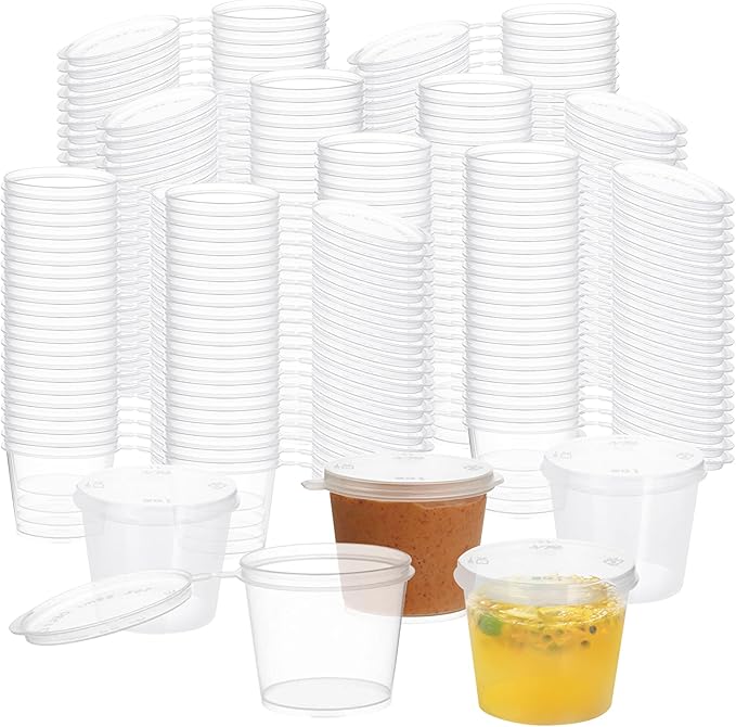 CYEAH 400PCS 1 oz Small Plastic Containers with Lids, Jello Shot Cups with Lids, Disposable Portion Cup BPA Free for Sauce, Condiments, Souffle, Salad Dressing, Medicine or Slime
