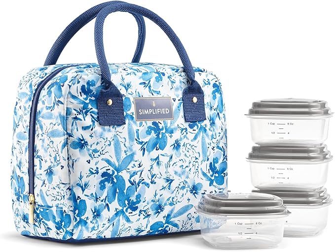Fit & Fresh Lunch Bag For Women, Insulated Womens Lunch Bag For Work, Leakproof & Stain-Resistant Large Lunch Box For Women With Containers, Zipper Closure Bloomington Bag Blue Floral