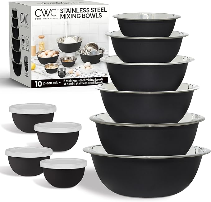 COOK WITH COLOR Stainless Steel Mixing Bowls Set - Nesting Bowls, 14 Pieces, Black