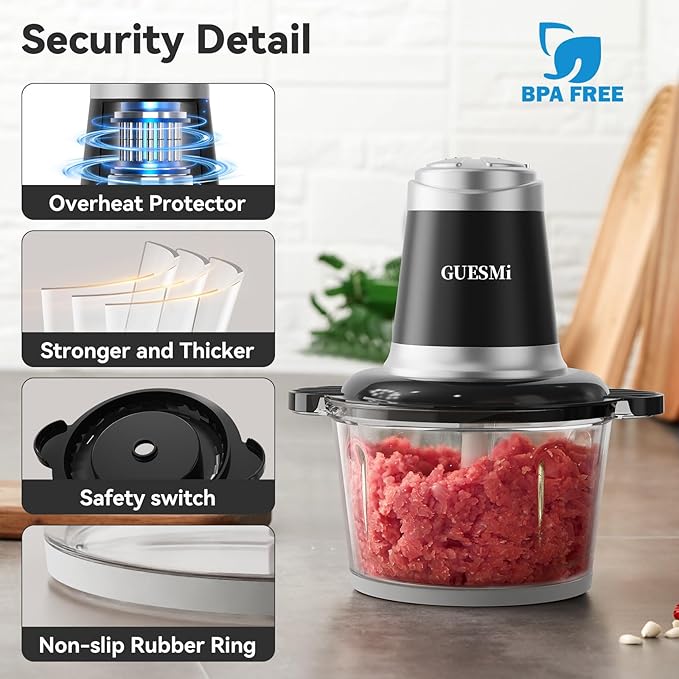 Food Processors, Powerful 500W Food Chopper Meat Grinder & Veggie Chopper with 2 Bowls(8 Cup+8 Cup) & 2 Bi-Level Blades with Electric Food Copper Motor -Vegetable, Onion, Garlic, Meat, Nuts