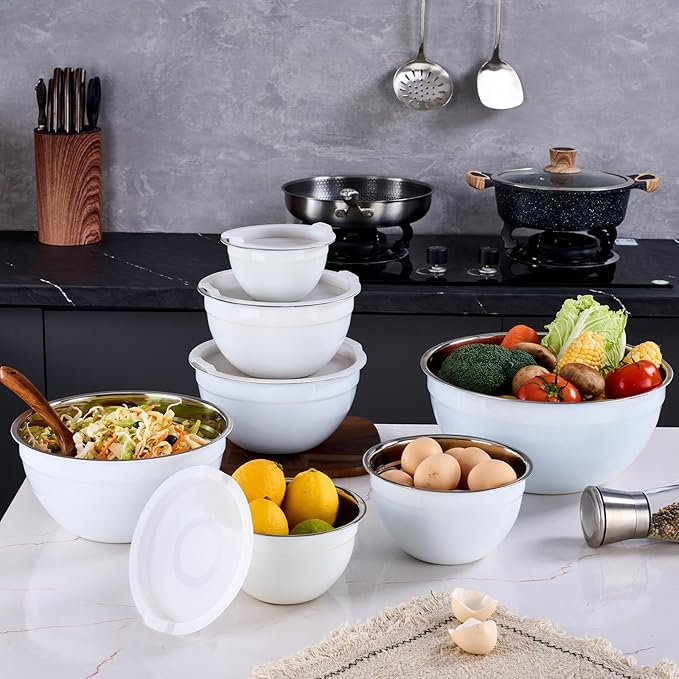 White Mixing Bowls With Airtight Lids,Stainless Steel Bowl,Salad Bowls 7 Piece Colorful Nesting Bowl Rainbow Kitchen Accessories,Size 7,3.6,2.7,2.1,1.5,1.1,0.8QT Stackable Design