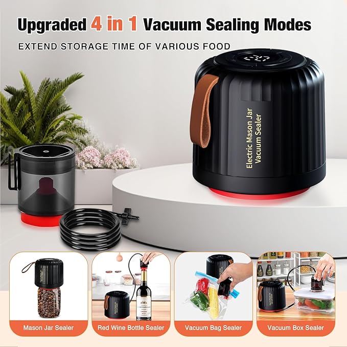 Electric Mason Jar Vacuum Sealer Kit, 4 in 1 Jar Vacuum Sealer for Mason Jars Jar Sealer Vacuum Sealing Machine for Food Storage Vacuum Bag Box Wine Bottle Wide Mouth and Regular Mouth Mason Jars