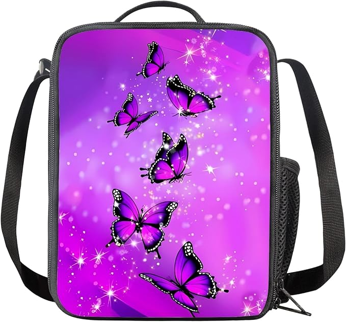 Dolyues 3 Piece Fashion Kids Backpack Set with Lunch Bag and Pencil Box, Purple Shiny Crystal Butterfly Print School Bookbag Outdoor Travel Bags Lightweight Daypack for Teen Girls