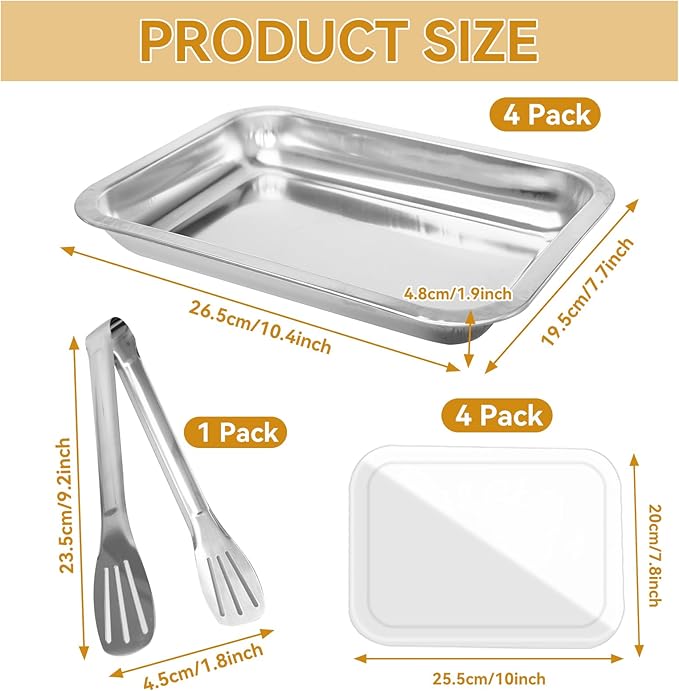 4 Pcs Breading Trays 10.4 x 7.7 x 1.9 Inch Food Prep Trays Stainless Steel Breading Pans with Lids and Tong for Dredging Chicken Breasts Marinating Meat and Serving Dishes