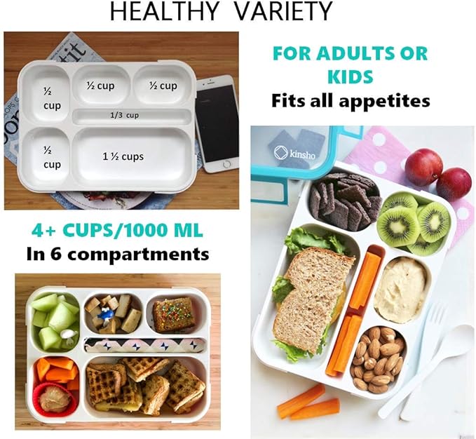 kinsho Bento Box for Kids Women - 6 Compartment, Leak-Proof Lunchbox for School, Portion Control & Meal Prep Containers, Reusable, BPA-Free Snack Container - Includes Utensil Set & E-Book, Purple