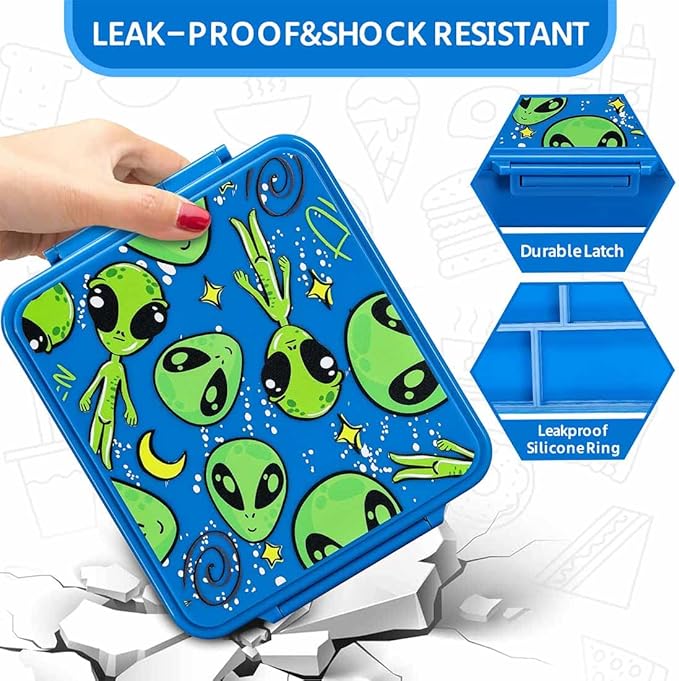 MAISON HUIS Bento Lunch Box for Kids With 8oz Soup Thermo, Leakproof Lunch Compartment Containers with 4 Compartment Bento Box, Thermo Food Jar and Lunch Bag, BPA Free,Travel, School(Alien in Space)