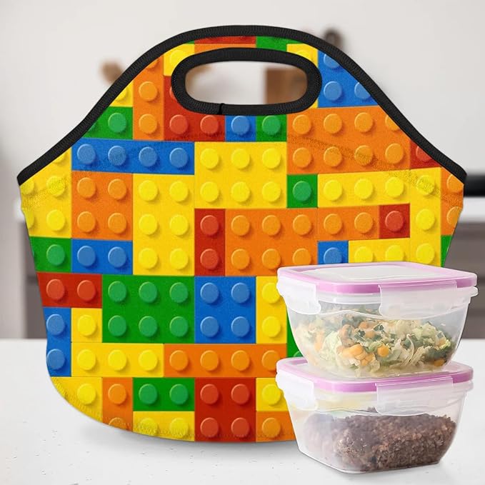 Kids Lunch Box for Boys Girls Colorful Building Blocks Insulated Neoprene Children Lunch Bags Sturdy Soft Bag & Reusable Cooler Lunch Thermal Meal Tote Kit for School