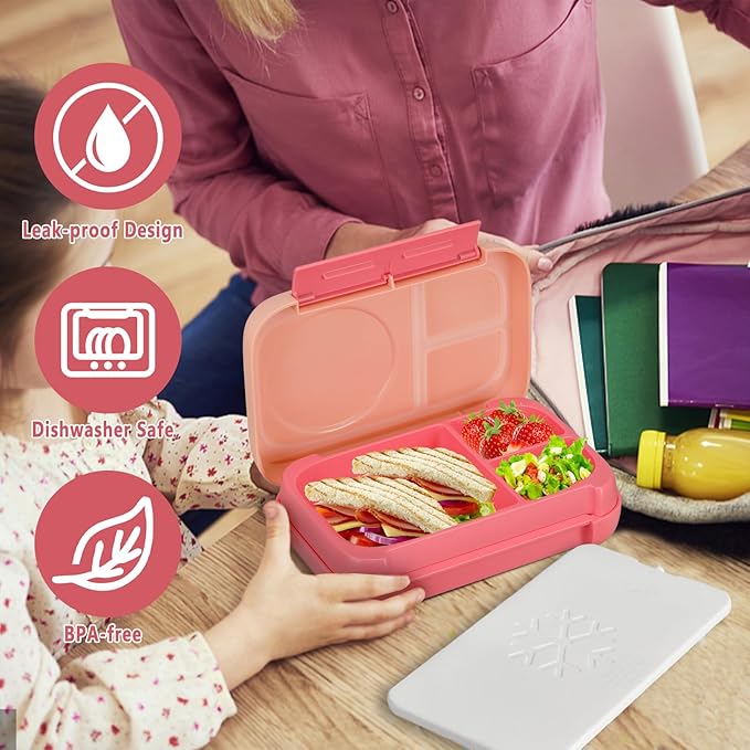 Bento Box for Kids,Kids Bento Lunch Box with Built-in Ice Pack for School,3 Compartments Leak Proof Lunch Container with Utensils for Girl Boy;BPA Free,Microwave & Dishwasher Safe, 44oz(Pink)